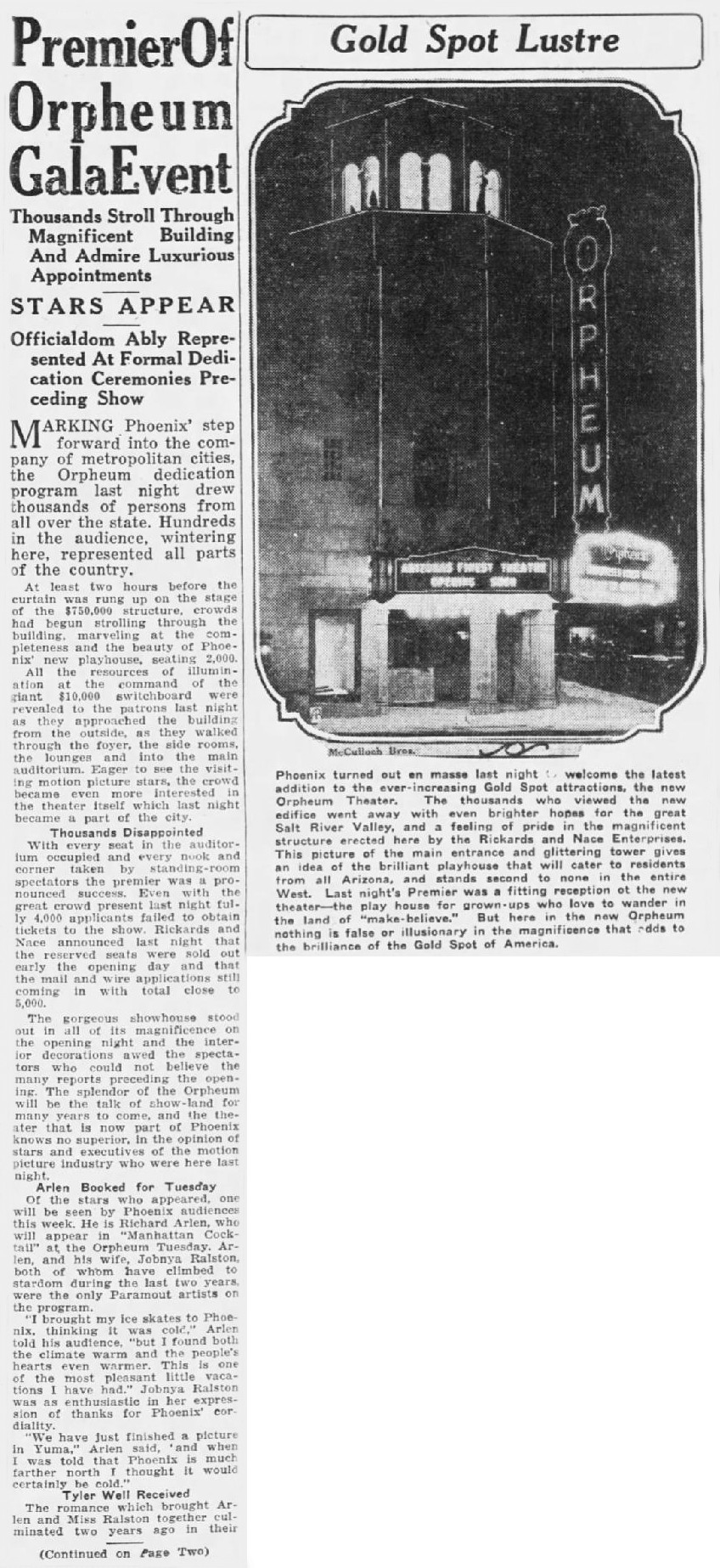 Premier of Orpheum Gala Event, Arizona Republic, January 6 1929