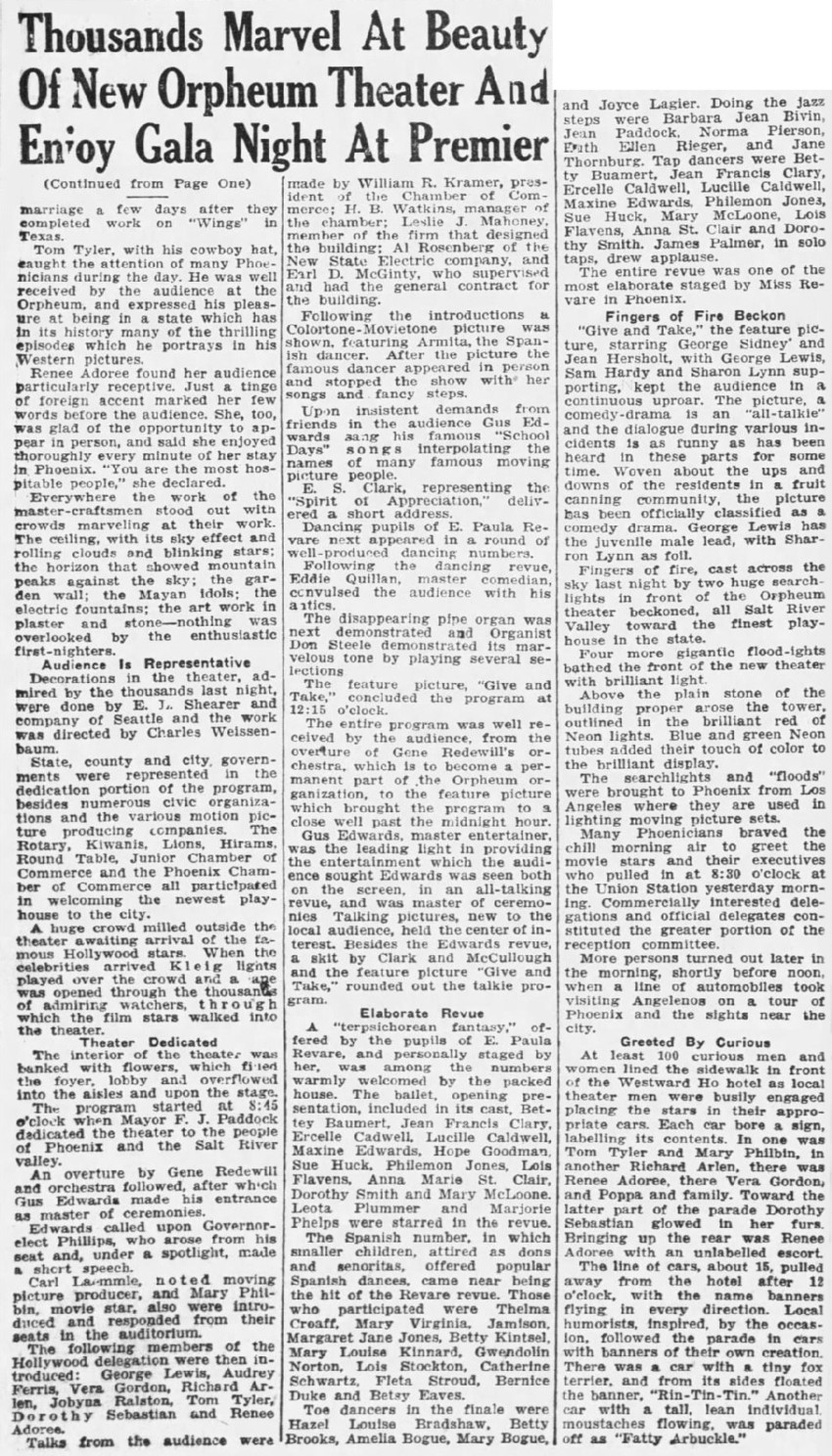 Premier of Orpheum Gala Event, Arizona Republic, January 6 1929