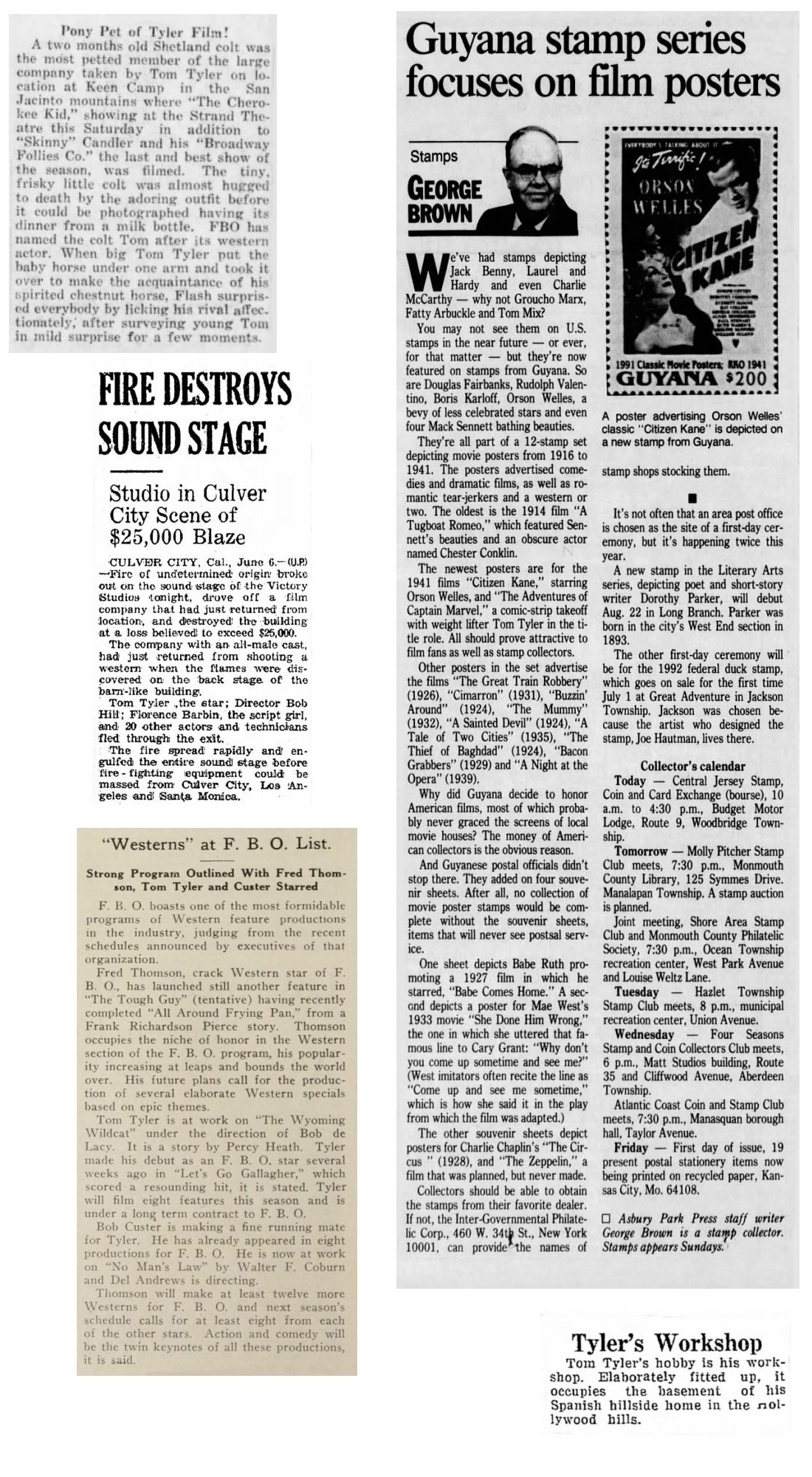 Adventures of Captain Marvel Guyana stamp, Fire destroys sound stage, Tom Tyler's workshop, Westerns at FBO