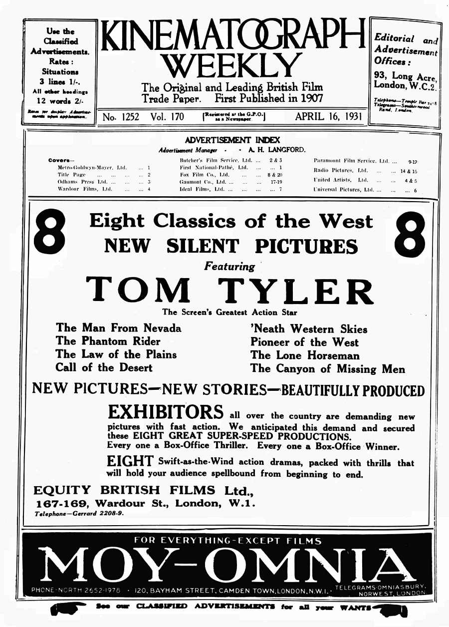 Tom Tyler on cover of Kinematograph Weekly