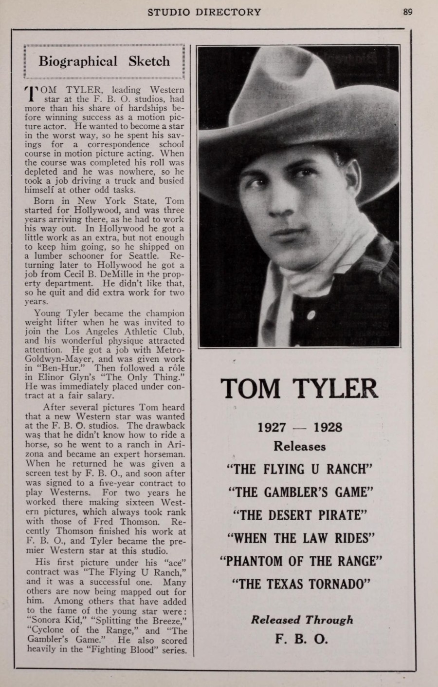 Tom Tyler Biographical Sketch Motion Picture News Booking Guide and Studio Directory October 1927